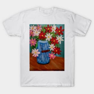Some bright and colorful abstract flowers in a vintage milk bottle T-Shirt